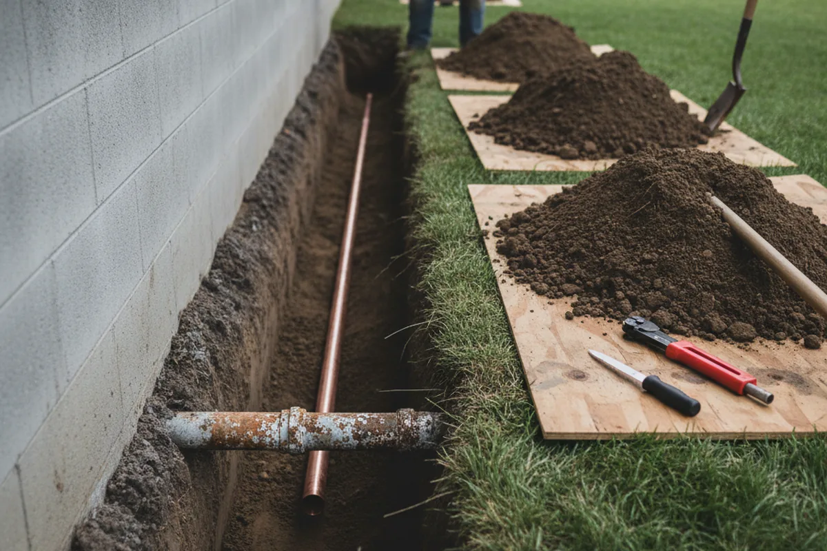 Excavated water line trench during Water Softener Installation in Ragsdale